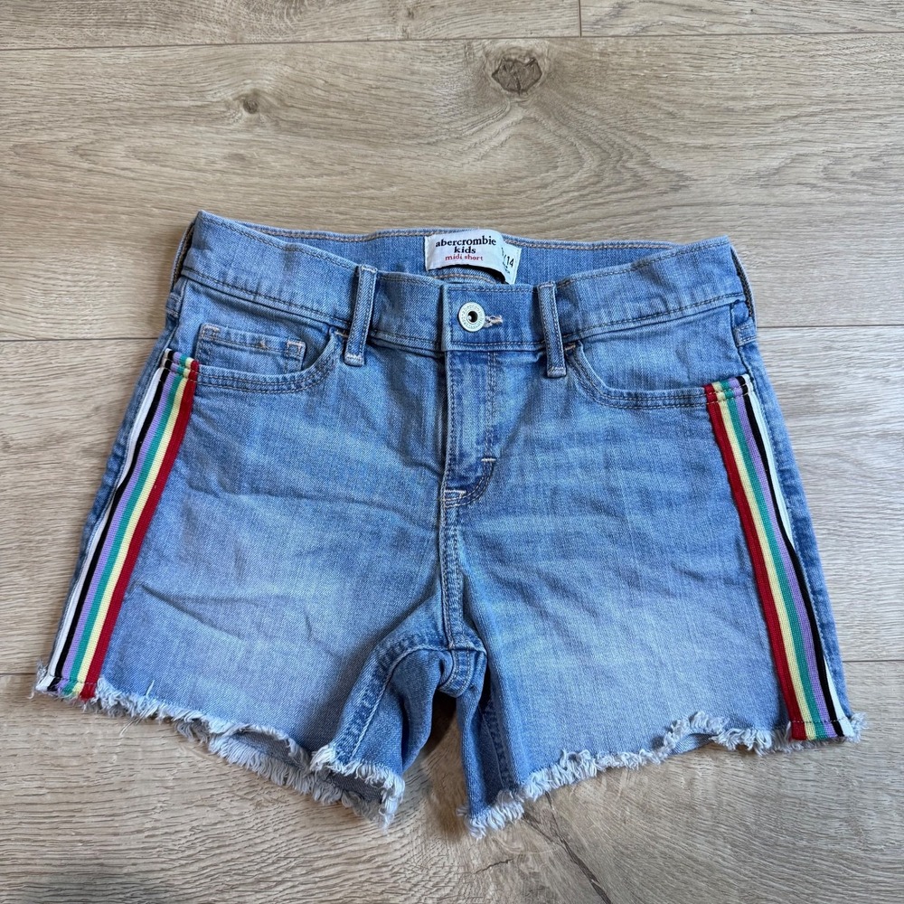 Abercrombie & Fitch Midi Denim Shorts with Rainbow Side Stripes